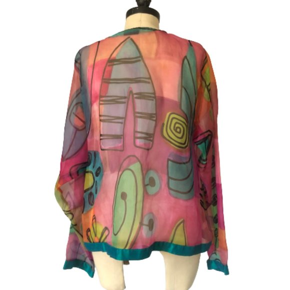 100% Silk Sheer Organza Hand Painted Colorful Top - Picture 10 of 15